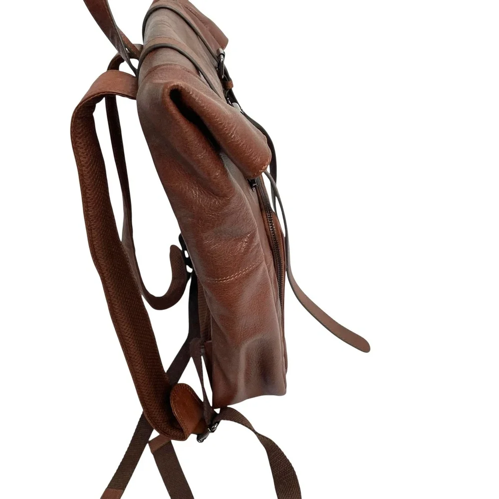 Genicci Unisex Genuine Leather Roll Top Double Buckles laptop backpack‎ brown